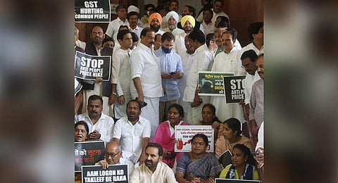 Congress MP Rahul Gandhi with others Congress MPs during a protest at the Parliament House. (Photo | Shekhar Yadav)