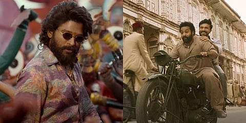 Stills from Telugu films 'Pushpa The Rise' and 'RRR'