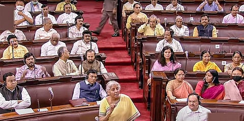Union Finance Minister Nirmala Sitharaman speaks in the Rajya Sabha during ongoing Monsoon Session of Parliament, in New Delhi, Thursday, July 28, 2022. (Photo | PTI)