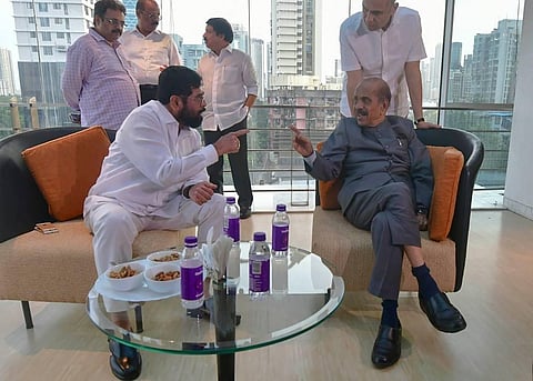 Maharashtra CM Eknath Shinde visits Shiv Sena leader Manohar Joshi's office at Kohinoor, in Mumbai, Thursday, July 28, 2022. (Photo | PTI)