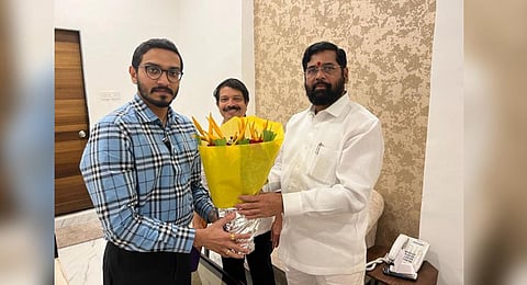 Nihar Thackeray, nephew of Shiv Sena president Uddhav Thackeray, with Maharashtra Chief Minister Eknath Shinde.(Photo | Twitter)