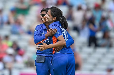 India's Renuka Singh celebrates after a wicket of Australia during the Group-A Preliminary Round women's T20 cricket match, at the Commonwealth Games 2022 in Birmingham, on Friday. (Photo | PTI)