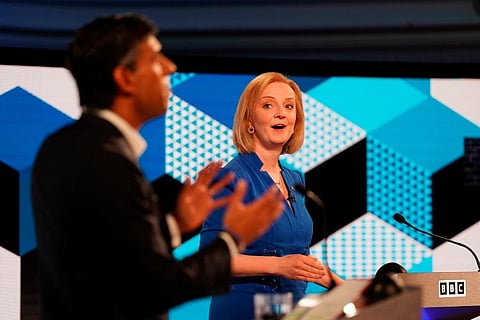 Liz Truss, right, and Rishi Sunak take part in the BBC Conservative Party leadership debate in Stoke-on-Trent, England. (Photo | AP)
