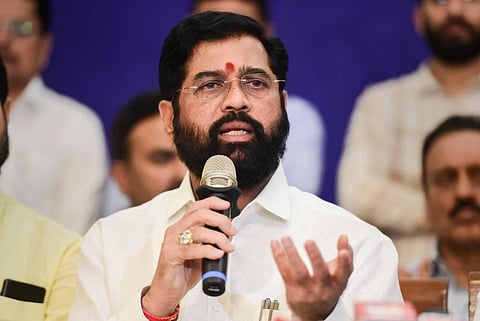 Maharashtra CM and Shiv Sena leader Eknath Shinde addresses a press conference, in Mumbai. (Photo | PTI)