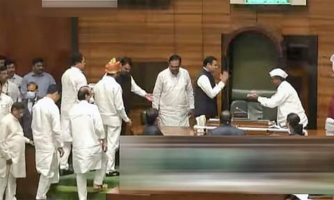 Newly-elected Maharashtra Assembly Speaker and BJP leader Rahul Narvekar being greeted by Deputy Speaker of Maharashtra Narhari Sitaram Zirwal as he takes charge. (Photo | PTI)