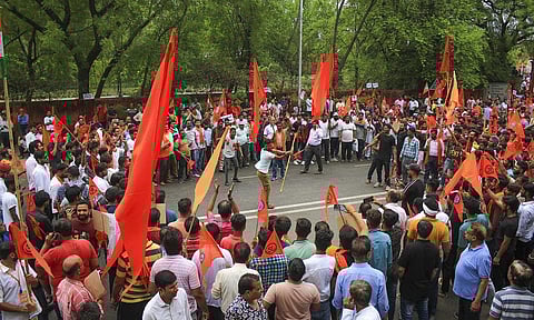 People during a 'Hanuman Chalisa' recital organised by various Hindu organisations to protest against the murder of tailor in Udaipur, on Sunday. (Photo | PTI)
