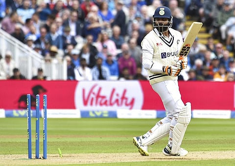 India's Ravindra Jadeja bowled by England's James Anderson during the second day of the fifth cricket test match between England and India at Edgbaston in Birmingham, England(Photo | AP)