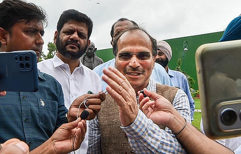 Congress leader Adhir Ranjan Chowdhury interacts with the media at Parliament House during ongoing Monsoon Session, in New Delhi, Friday, July 29, 2022. (Photo | PTI)