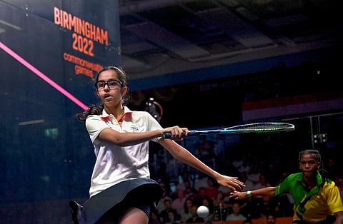 India's Anahat Singh in action against Jada Ross of St Vinc & Grenadines during Squash Women's Singles Round of 64 match of the Commonwealth Games 2022. (Photo | PTI)