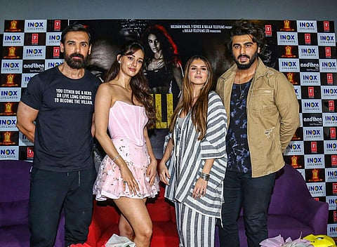 Bollywood actors John Abraham, Disha Patani, Tara Sutaria and Arjun Kapoor during a promotional event for their film 'Ek Villain Returns'. (Photo | PTI)