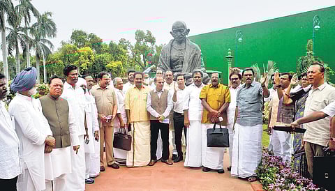 Congress MPs during a protest against the Governmen at the Parliament House complex in New Delhi on Friday | Shekhar Yadav
