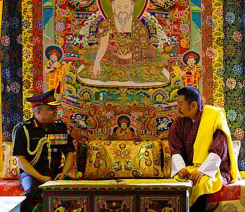 Chief of Army Staff Gen Manoj Pande called on His Majesty the King of Bhutan Jigme Khesar Namgyel Wangchuck, in Thimpu, on July 31, 2022. (Photo | ADG PI Indian Army Twitter)