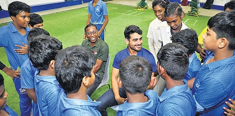 Mukesh Choudhary interacts with a students at CSK Academy in Chennai | CSCSKCL