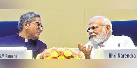 PM Narendra Modi and CJI N V Ramana at the All India District Legal Services Authorities Meet in Delhi on Saturday | SHEKHAR YADAV