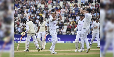 England's captain Ben Stokes, third left, celebrates with teammates the dismissal of India's Mohammed Shami, second left.(Photo | AP)