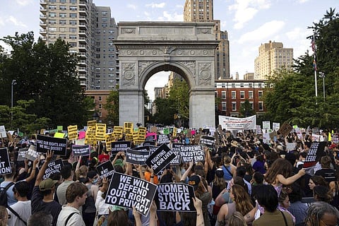 Abortion rights activists gather for a protest following the U.S. Supreme Court's decision to overturn Roe v. Wade, at Washington Square Park. (Photo | AP)