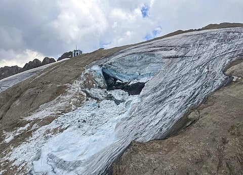 The glacier in the Marmolada range of Italy's Alps near Trento from which a large chunk has broken loose. (Photo | AP)
