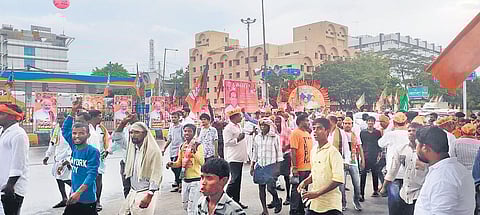 BJP supporters proceed towards Parade Grounds in Secunderabad on Sunday to attend the PM’s meeting