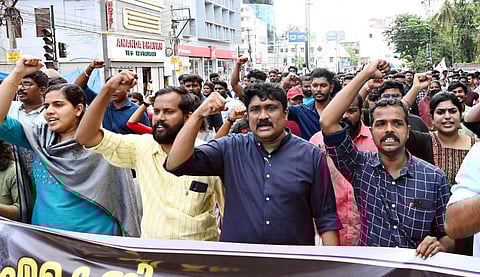 DYFI workers taking out a protest march in the wake of the attack on AKG Centre. (Photo| Vincent Pulickal, EPS)