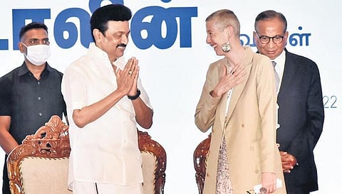 CM MK Stalin greets US Consul General Judith Ravin at the Tamil Nadu Investors’ First Port of Call — Investment Conclave July ’22 in Chennai on Monday | P Jawahar