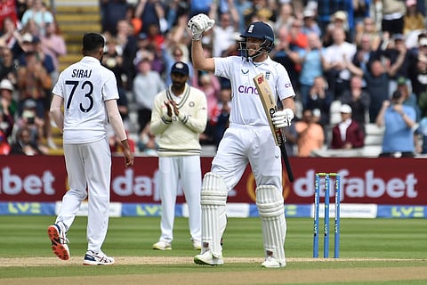 England's Joe Root, right, celebrates scoring a century during the fifth day of the fifth cricket test match between England and India at Edgbaston in Birmingham, England. (Photo | PTI)