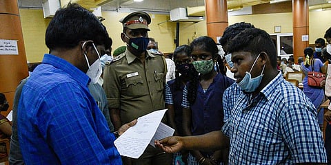 Students from Adi Dravidar Welfare Higher Secondary School submitted a petition to Tiruchy Collector. (Photo| MK Ashok Kumar, EPS)