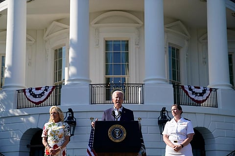 President Joe Biden gesture after speaking at a Fourth of July celebration for military families on the South Lawn of the White House. (Photo | AP)