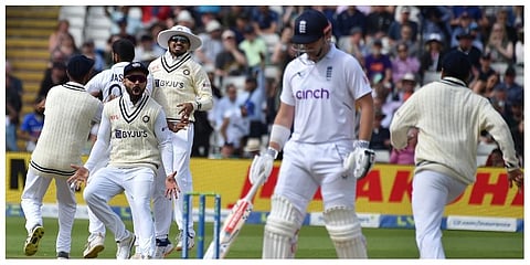 Indian players celebrate the dismissal of England's Ollie Pope during the fourth day of the fifth cricket test match between England and India at Edgbaston in Birmingham. (Photo | AP)