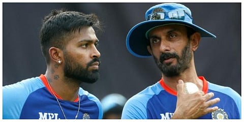 India's Hardik Pandya (L) listens to batting coach Vikram Rathour (R). (Photo | AFP)