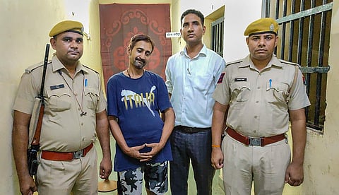 Khadim of Ajmer Dargah Syed Salman Chishti in police custody, in Ajmer, on July 6, 2022.(Photo | PTI)
