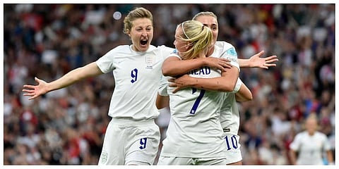 England's Beth Mead, center, celebrates with Ellen White, left, and Georgia Stanway after scoring the opening goal during the Women Euro 2022 soccer match between England and Austria. (Photo | AP)