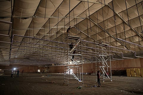 The 44,000 square feet venue getting ready with sound-proofing and insulation material in Mahabalipuram. (Photo | Sunish P Surendran)