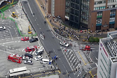 This aerial photo shows the scene of gunshots in Nara, western Japan Friday. (Photo | AP)