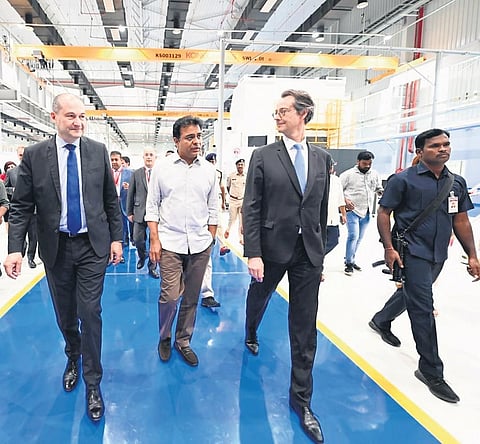 IT Minister KT Rama Rao takes a tour after the inauguration of the Safran group’s world- class aerospace facilities in Hyderabad on Thursday