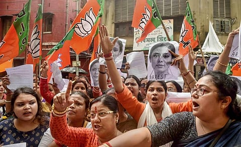 Members of BJP Mahila Morcha stage a protest demonstration in front of Bowbazar Police Station demanding immediate arrest of TMC MP Mahua Moitra for her remarks on Goddess Kali. (Photo | PTI)