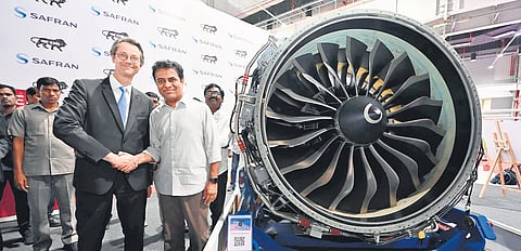 Safran Chief Executive Officer Olivier Andriès greets IT and Industries Minister KT Rama Rao after the inauguration of the Safran Electrical & Power factory and Safran Aircraft Engines facility in Hyd