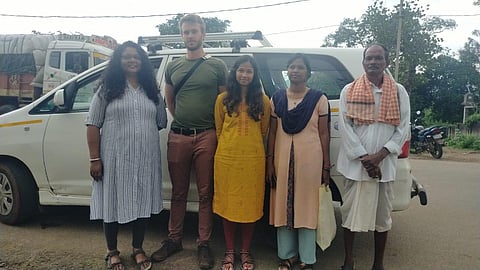 Mamina (inset) with her husband, sister and father Krushna at her village. (Photo| Express)