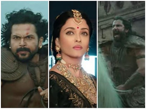 Karthi, Aishwarya Rai, and Vikram in 'Ponniyin Selvan -1' . (Trailer screengrabs)