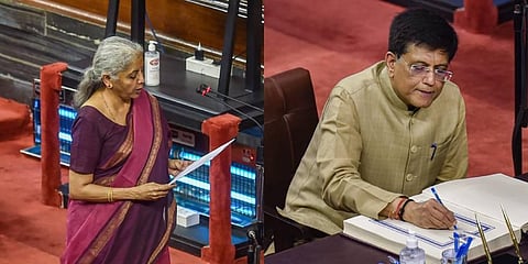 Union ministers Nirmala Sitharaman and Piyush Goyal at Parliament House, in New Delhi. (Photo | PTI)