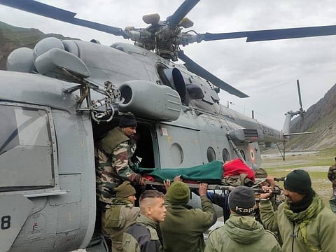 IAF airlifted over 13 tons of relief load and evacuated 109 injured pilgrims from the site affected by the cloud burst on Saturday. (Photo | ANI Twitter)