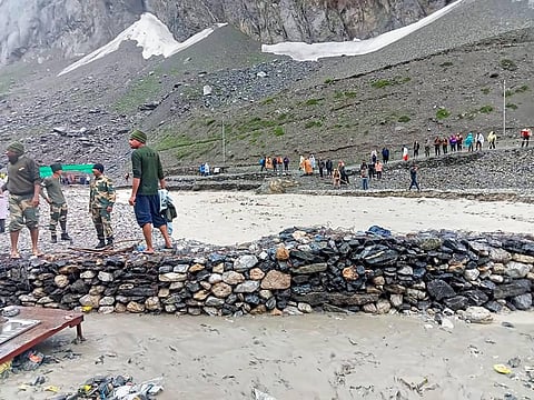 Rescue operation after a cloudburst that hit near the base camp of the holy cave shrine of Amarnath in south Kashmir Himalayas on Friday, July 8, 2022. (Photo | PTI)