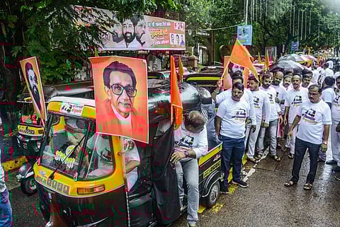 Auto-rickshaw drivers stage a demonstration in support of Maharashtra CM Eknath Shinde. (Photo | PTI)