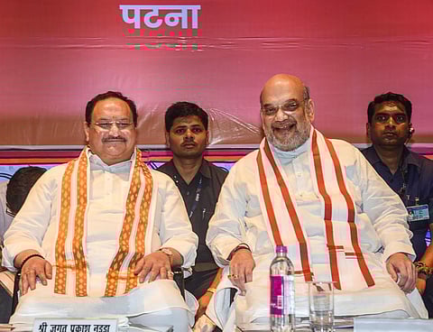 Home Minister Amit Shah and BJP National President J. Nadda during the two-day joint national executive meeting of different BJP cells, in Patna, on July 31, 2022. (Photo | PTI)