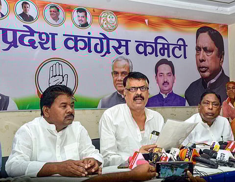 Jharkhand Pradesh Congress Committee (JPCC) chief Rajesh Thakur with senior leaders addresses a press conference regarding suspension of three party MLAs. (Photo | PTI)
