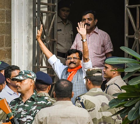 Shiv Sena MP Sanjay Raut being taken to the Enforcement Directorate (ED) office in connection with a money laundering case. (Photo | PTI)