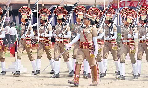 Police band and parade during the event organised to present President’s Colour Award to TN police at Rajarathinam Stadium on Sunday. (Photo | Ashwin Prasath)