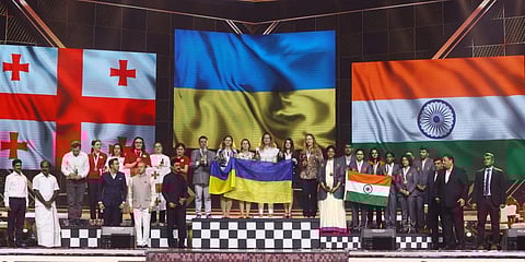 44th Chess Olympiad Women's Section Bronze medalist India A team with Gold medalist Ukraine's team and Silver medalist Georgia's team. (Photo | PTI)