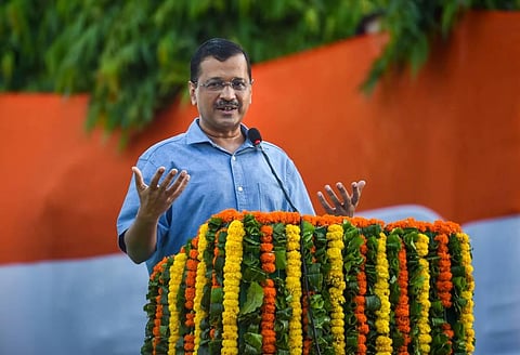 Chief Minister of Delhi Arvind Kejriwal speaks during the unveiling ceremony of 'Corona Warriors Memorial' and Renovated 'Phansi Ghar'. (Photo | PTI)