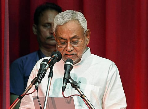 Janata Dal (United) leader Nitish Kumar takes oath as Bihar Chief Minister, at Raj Bhavan in Patna, Wednesday, Aug. 10, 2022. (Photo | PTI)