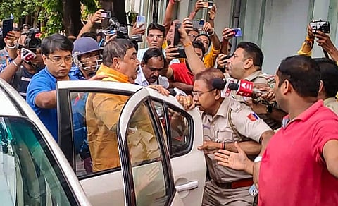 TMC leader Anubrata Mondal being produced before a special Central Bureau of Investigation (CBI) court in a cow smuggling case, at Asansol in Paschim Bardhaman district. (Photo | PTI)